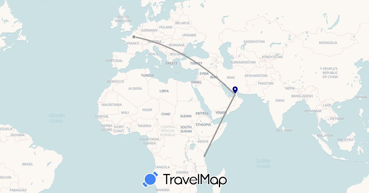 TravelMap itinerary: driving, plane, boat in United Arab Emirates, France, Tanzania (Africa, Asia, Europe)